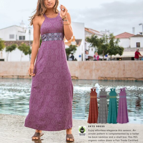 Prana Womens Large Skye Dress Gray Purple Empire Waist Maxi Organic Embroidery - Picture 2 of 11